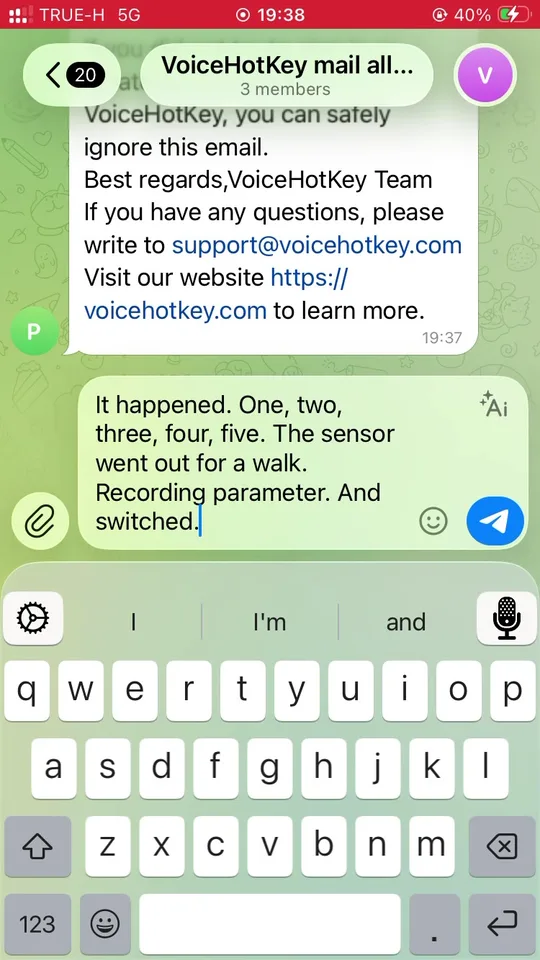 Transcribed text inserted into Telegram