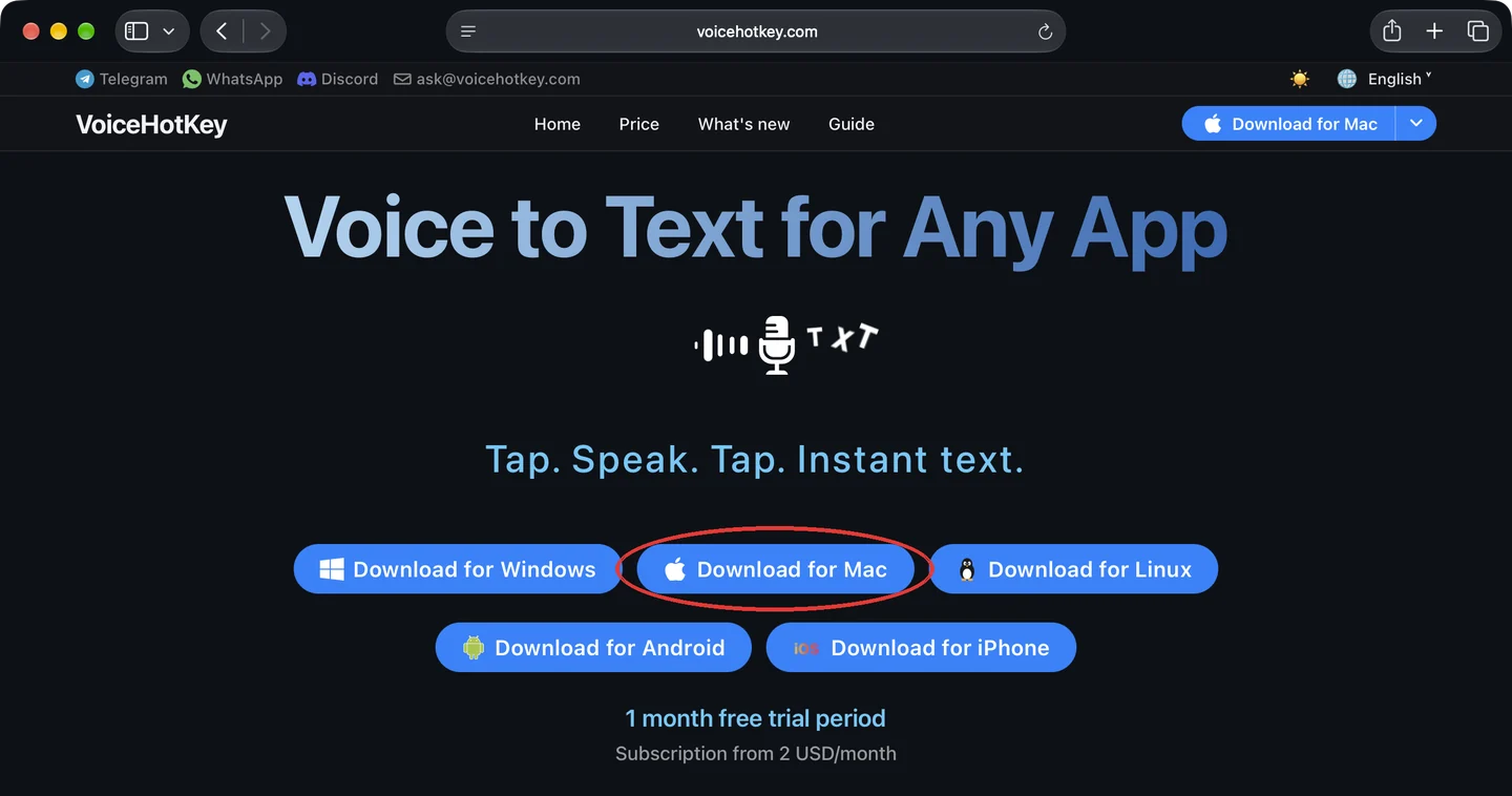 voicehotkey.com homepage with the Download for Mac button