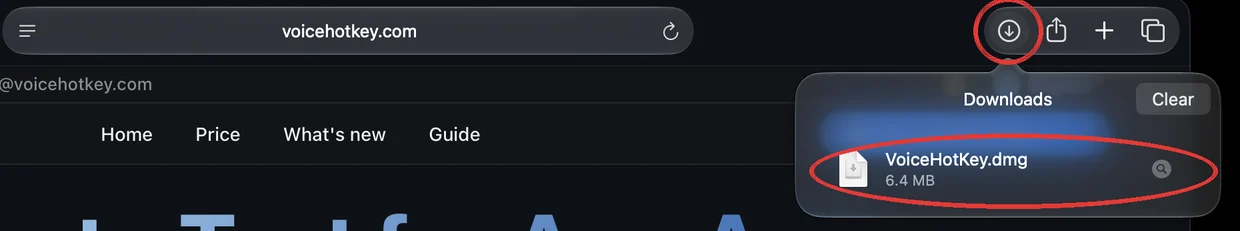 Safari downloads list with VoiceHotKey.dmg