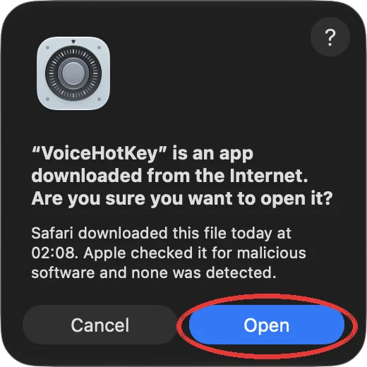 macOS dialog: VoiceHotKey is an app downloaded from the Internet, Open button