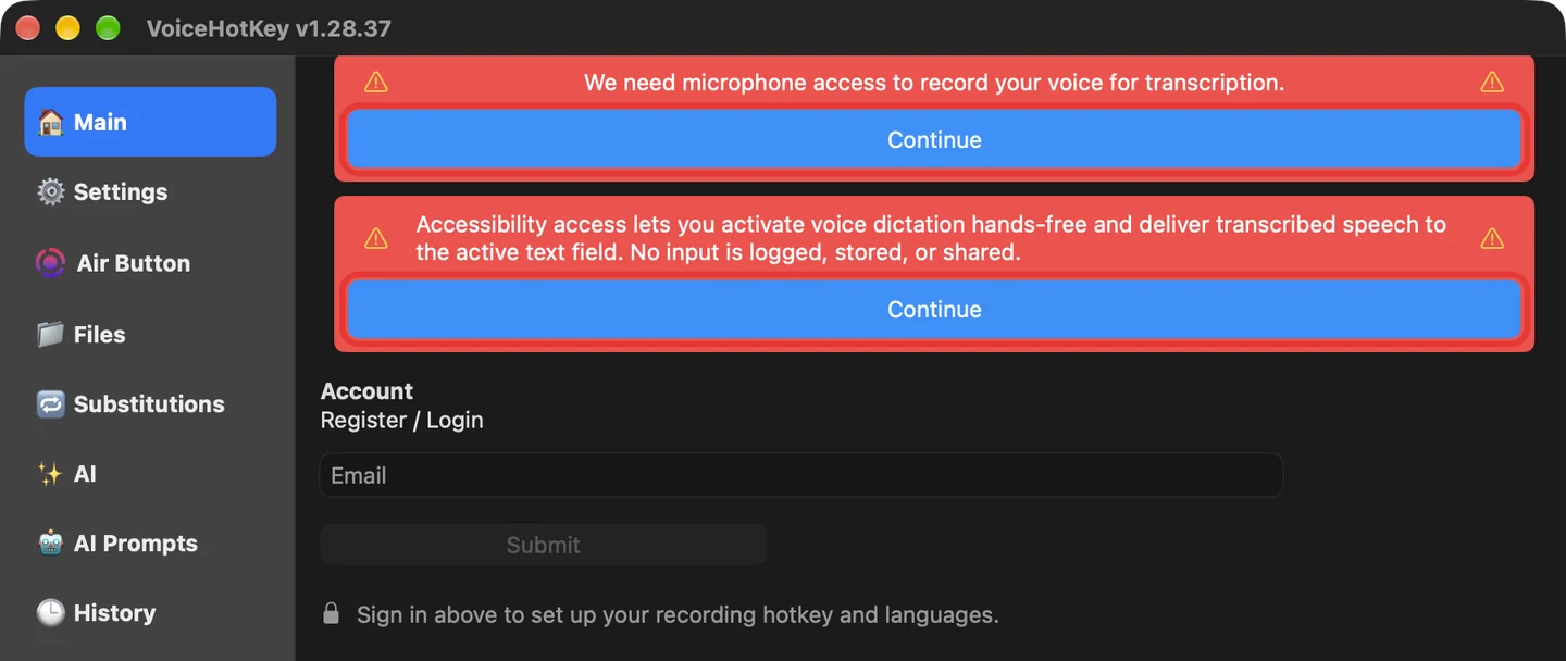 VoiceHotKey main window with the microphone and accessibility notices