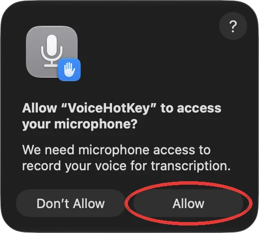 macOS microphone permission dialog with the Allow button