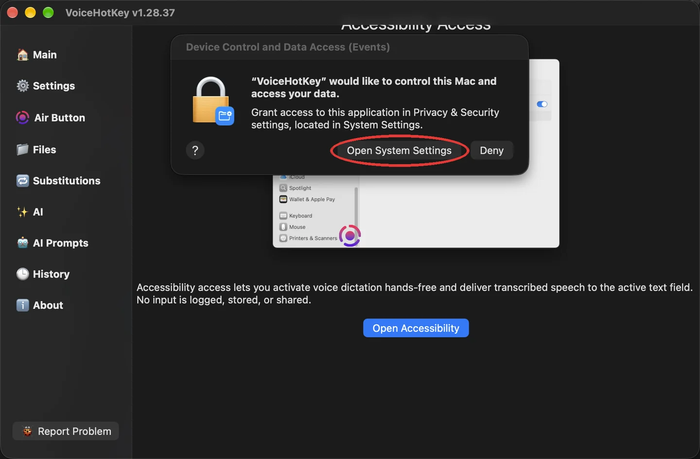macOS accessibility request with the Open System Settings button