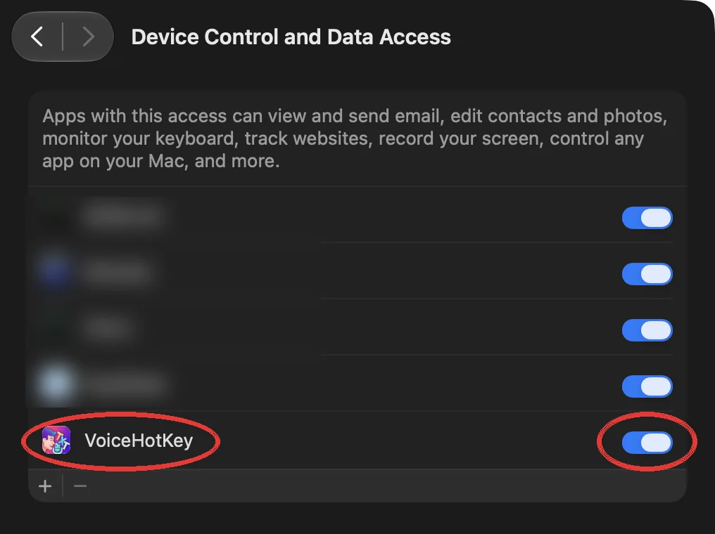 System Settings: VoiceHotKey switched on