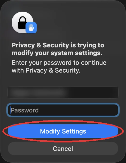 macOS password prompt with the Modify Settings button