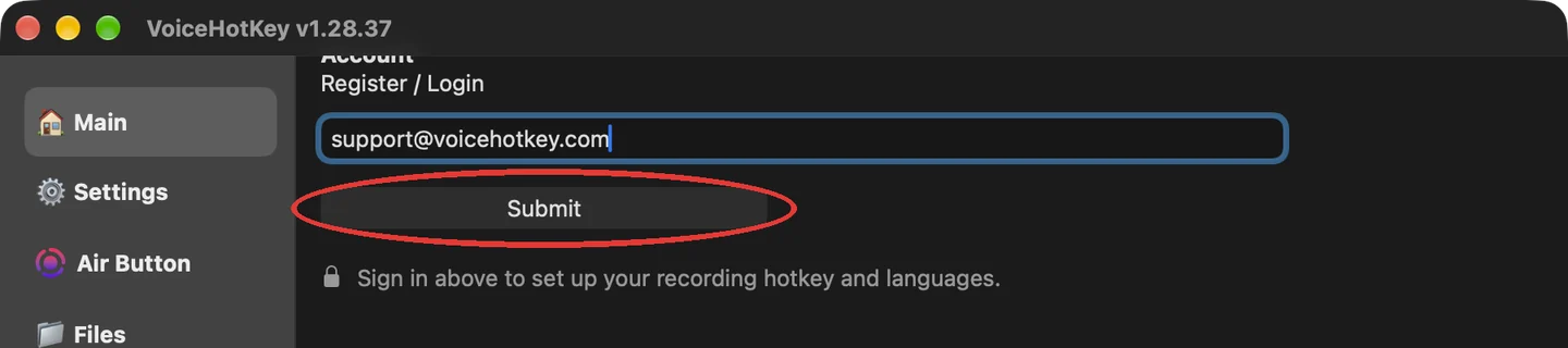 VoiceHotKey email field with the Submit button