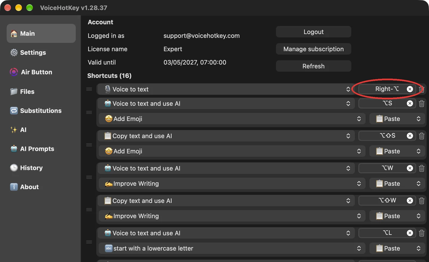 VoiceHotKey signed in, the Voice to text shortcut set to Right Option