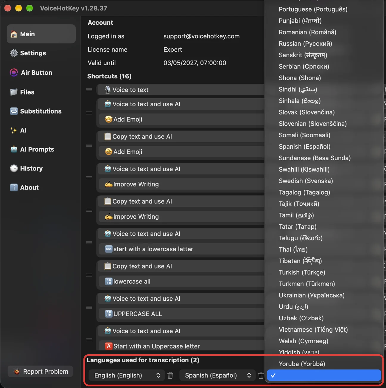 Languages used for transcription with the language list open