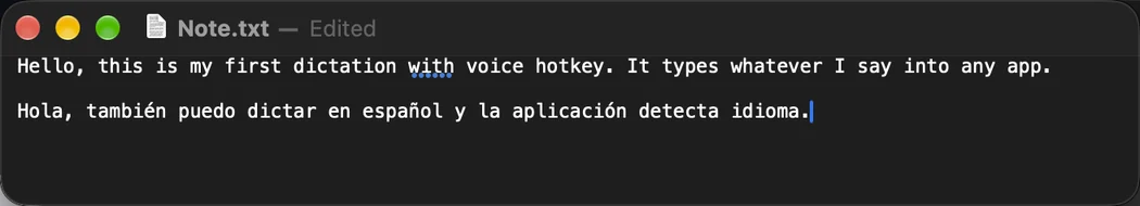 Text dictated in English and Spanish, inserted into a note