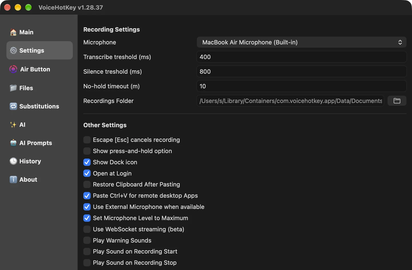 VoiceHotKey Settings tab